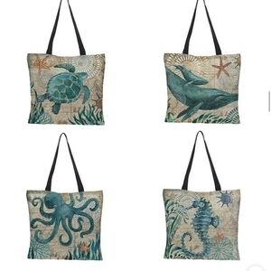 New lot of 4: tote bags whale, octopus, seahorse, turtle